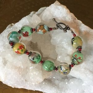 Vintage Hand Painted Glass Bead Bracelet